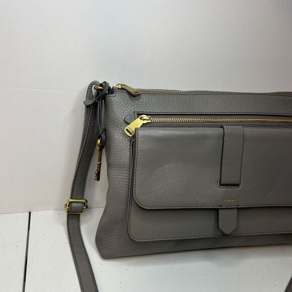 Fossil Kinley Gray Pebbled Leather Adjustable Crossbody Shoulder Bag Purse - Picture 3 of 13